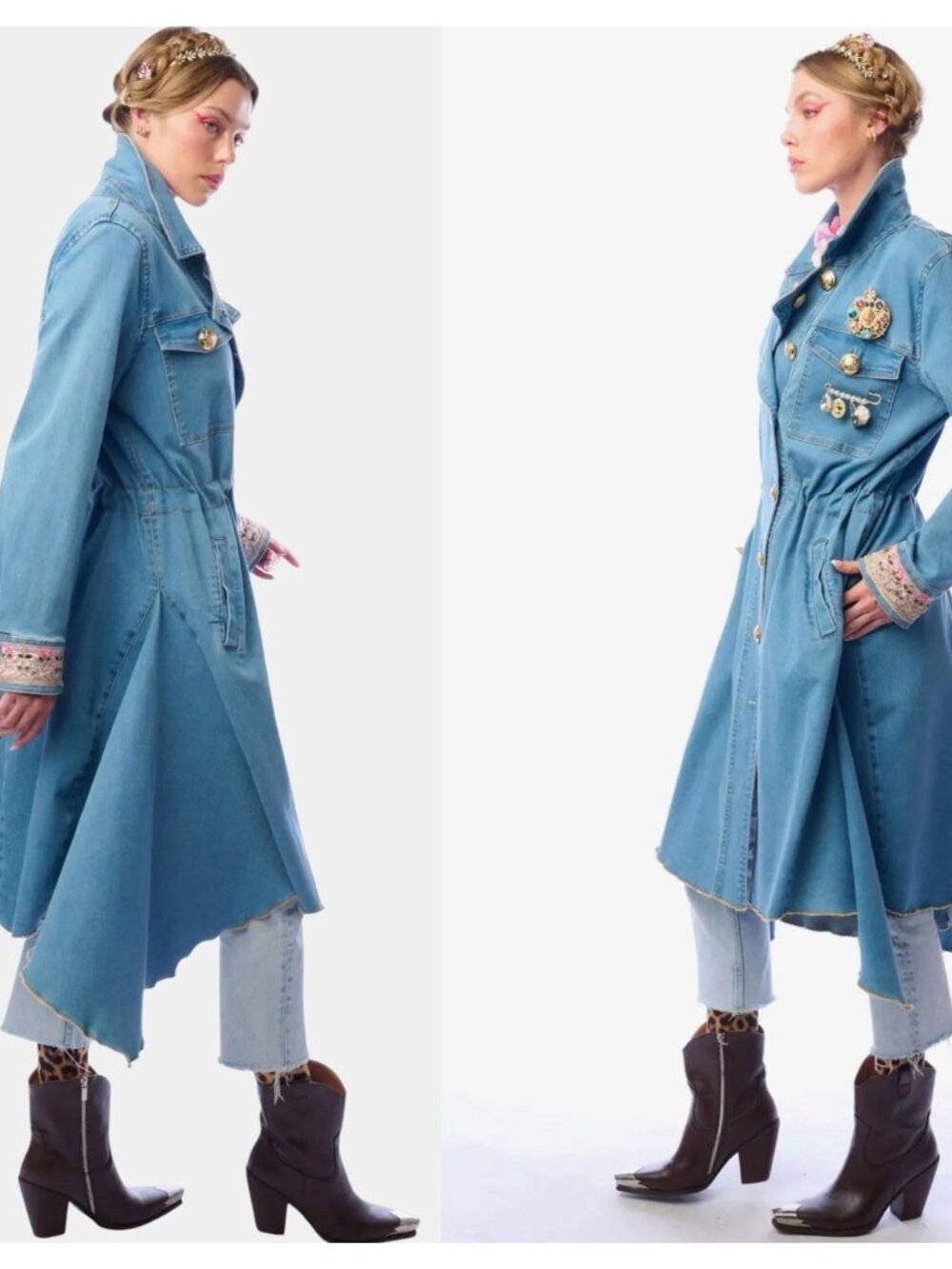 Aratta Monte Carlo Denim Hi-Low Long Coat Blue Decorative Brooch Size S M L - Picture 6 of 15